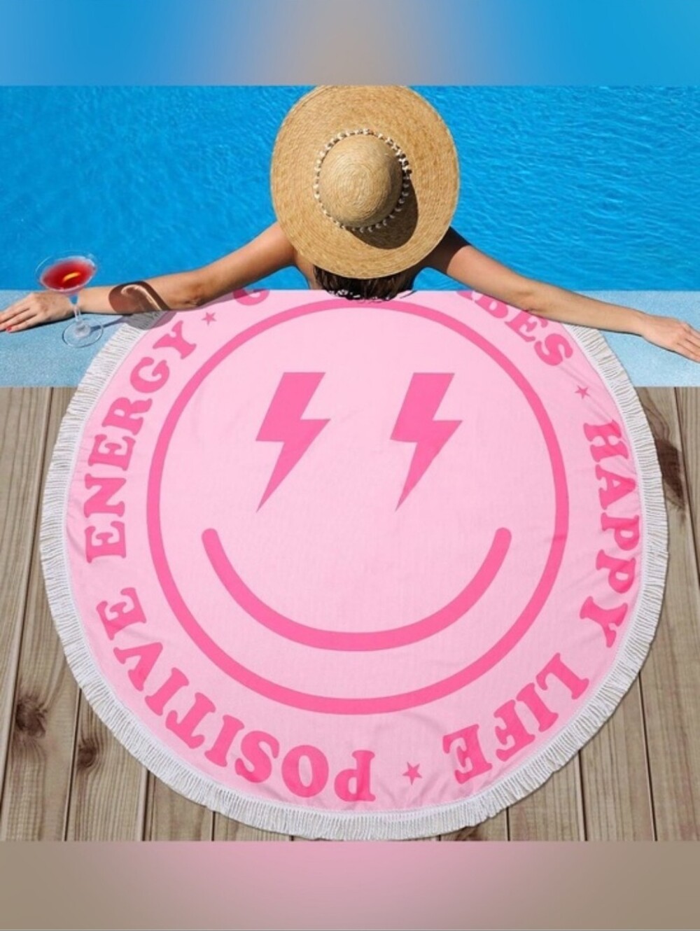 Round Smiley Beach Towel with Fringe - Positive Energy Inspo message